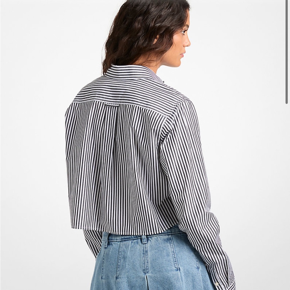 NWOT Striped Cotton Poplin Cropped Oxford Shirt - Picture 2 of 2